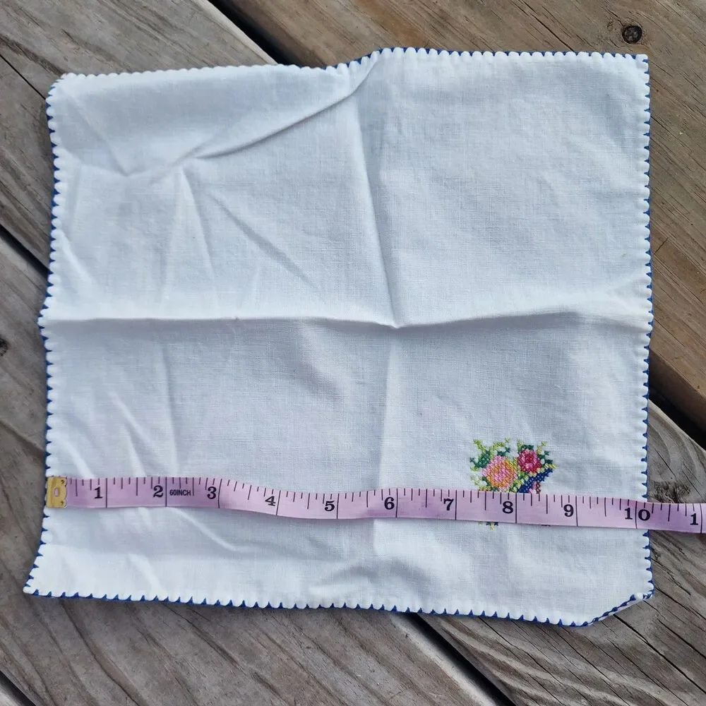 2 Vintage Cotton Handkerchief Hankie Embroidered Cross Stitch w/Flower Bouquet